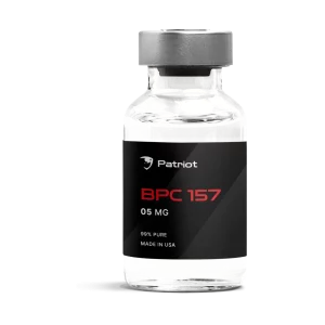 A bottle of BPC 157 peptide for sale by Patriot SARMs, labeled for research purposes only and not for human consumption.