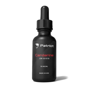A bottle of Cardarine for sale by Patriot SARMs, labeled for research purposes only, not for human consumption.