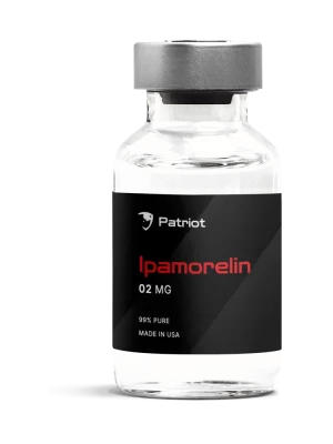 A bottle of Ipamorelin peptide for sale by Patriot SARMs, labeled for research purposes only and not for human consumption.