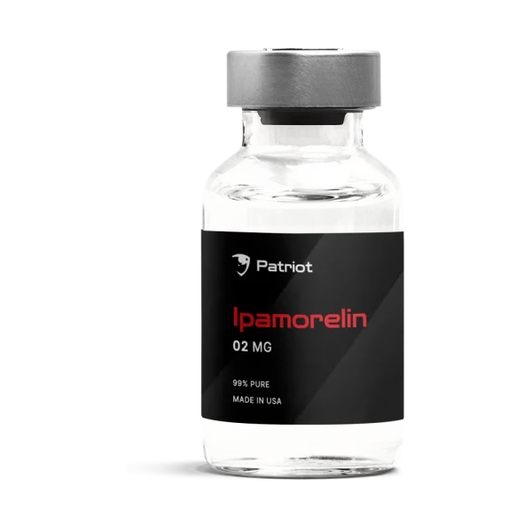 A bottle of Ipamorelin peptide for sale by Patriot SARMs, labeled for research purposes only and not for human consumption.
