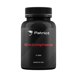 A bottle of Enclomiphene for sale by Patriot SARMs, labeled for research purposes only and not for human consumption.