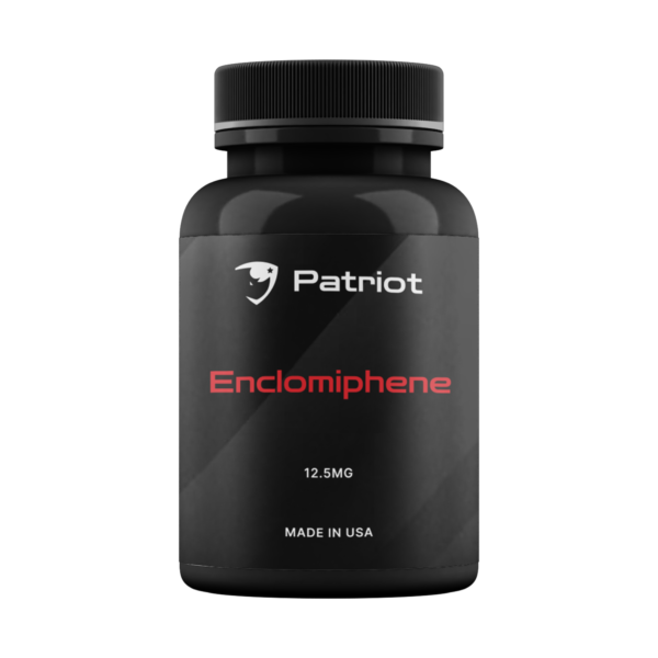 A bottle of Enclomiphene for sale by Patriot SARMs, labeled for research purposes only and not for human consumption.