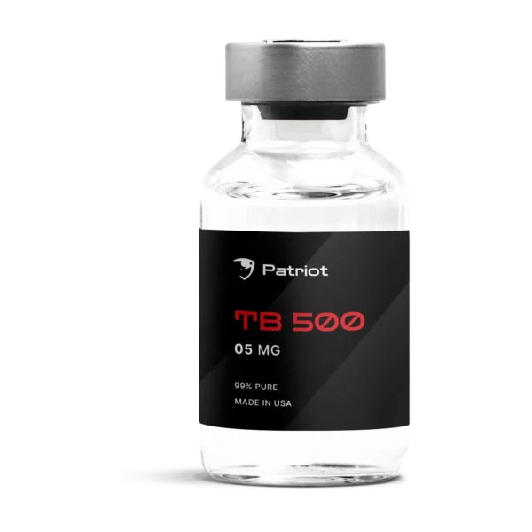A bottle of TB-500 peptide for sale by Patriot SARMs, labeled for research purposes only and not for human consumption.