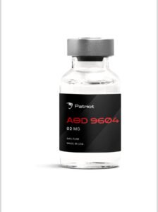 A bottle of AOD 9604 for sale by Patriot SARMs, labeled for research purposes only and not for human consumption.